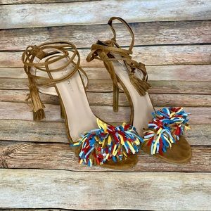 Brown suede heels with red, yellow, blue fringe size 7.5